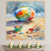Watercolor Painting of Beach Ball Green Bucket Shells and Red Shovel on Colorful Sandy Shore by Ocean with Dramatic Sky on Ready to Hang 1.5" Thick Canvas Wrap, Floating Framed Canvas, Flat Rolled Canvas